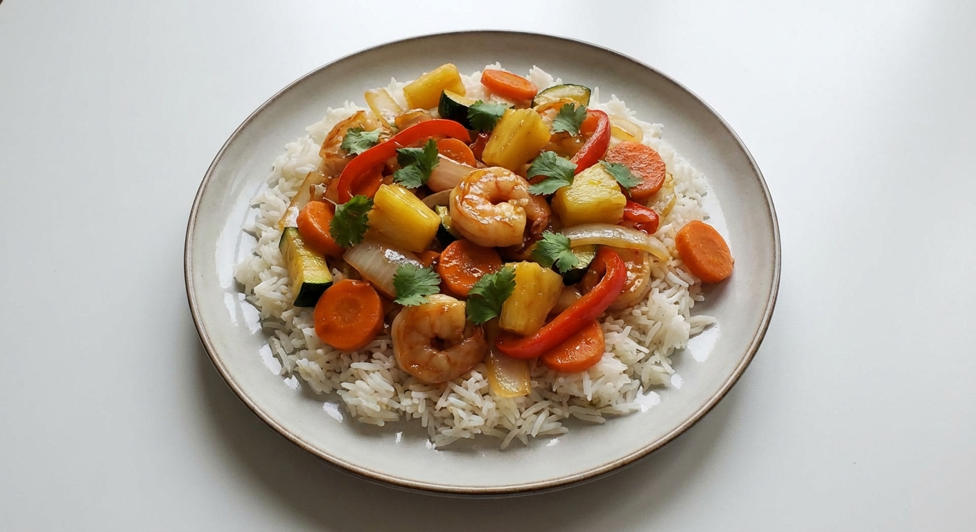 Stir-fry z krewetkami, ananasem i miodem