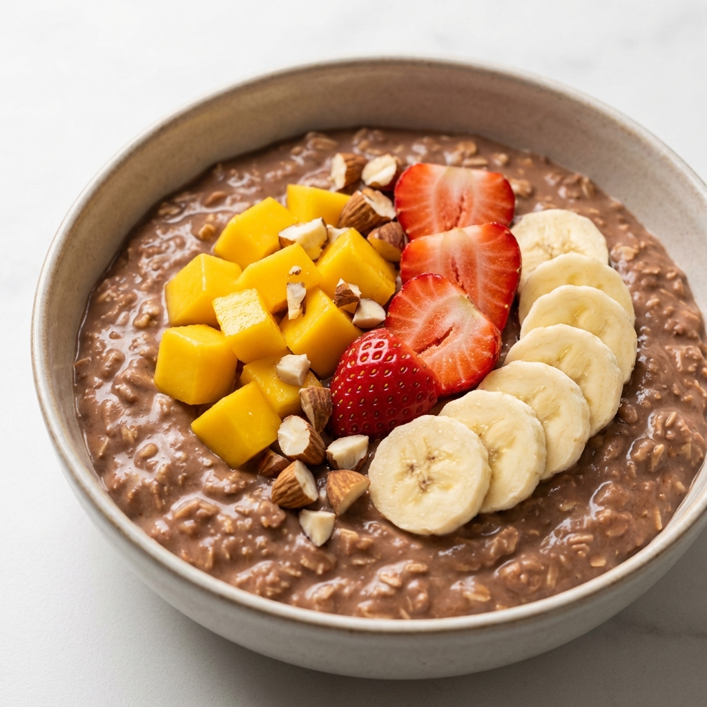 Czekoladowa owsianka z mango i truskawkami