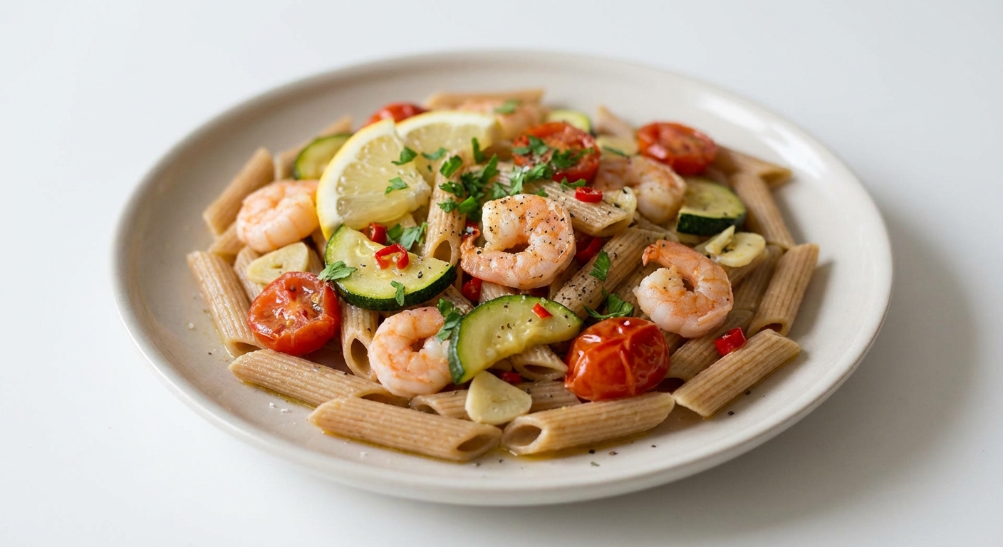 Penne z krewetkami, cukinią i chili