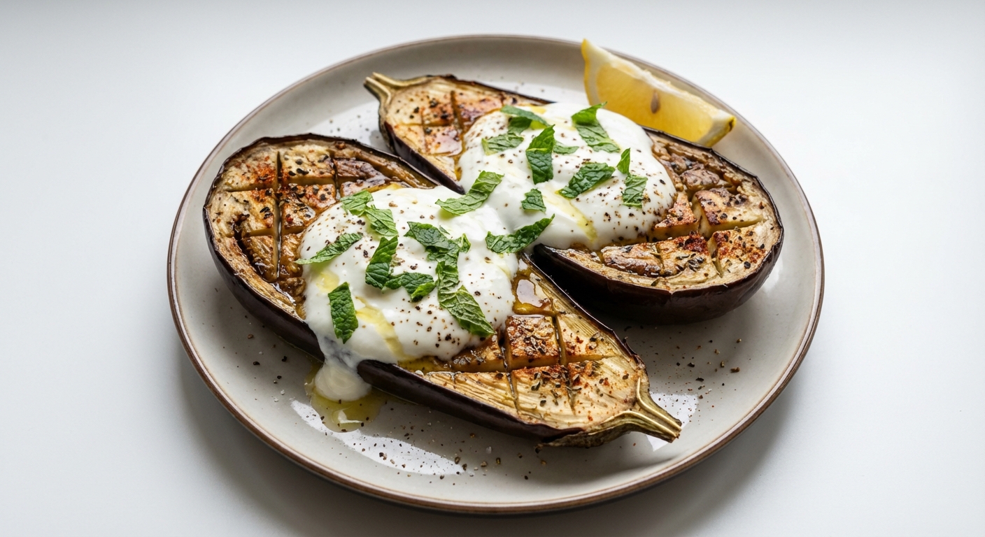 Pieczony bakłażan z jogurtem i miętą