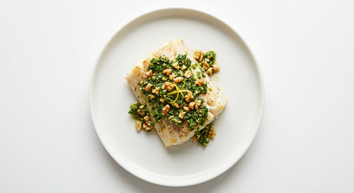 Pieczony Dorsz z Pesto Pietruszkowo-Orzechowym