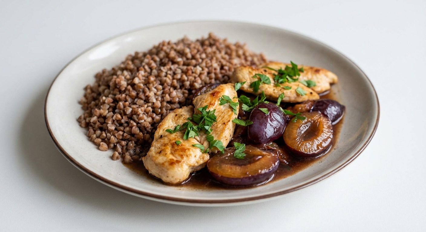 Kurczak w śliwkach z kaszą gryczaną
