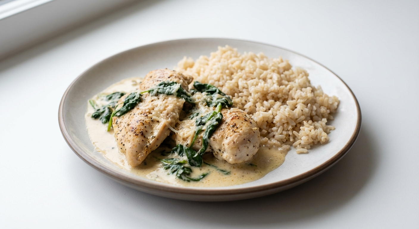 Kurczak w szpinaku, ryż i parmezan