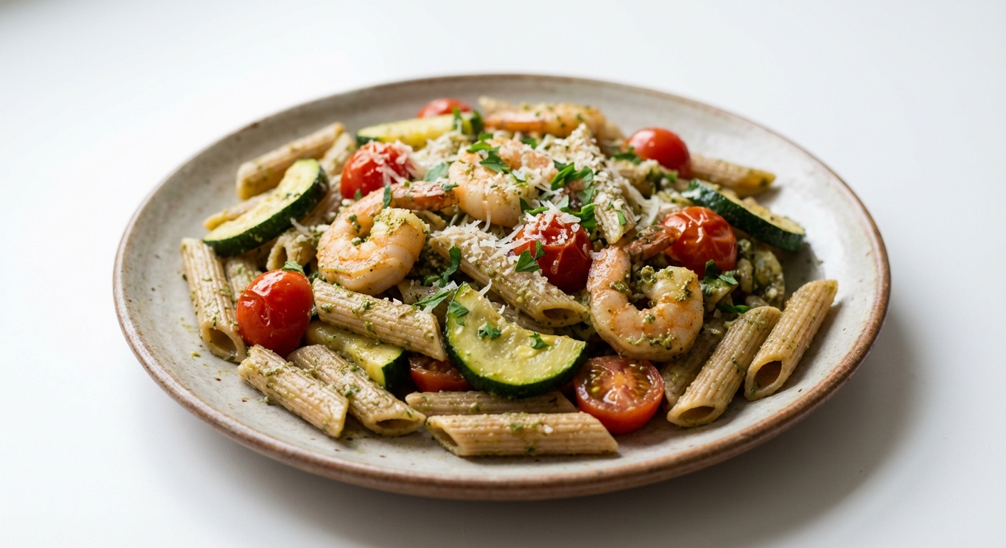 Penne z krewetkami, cukinią i pesto