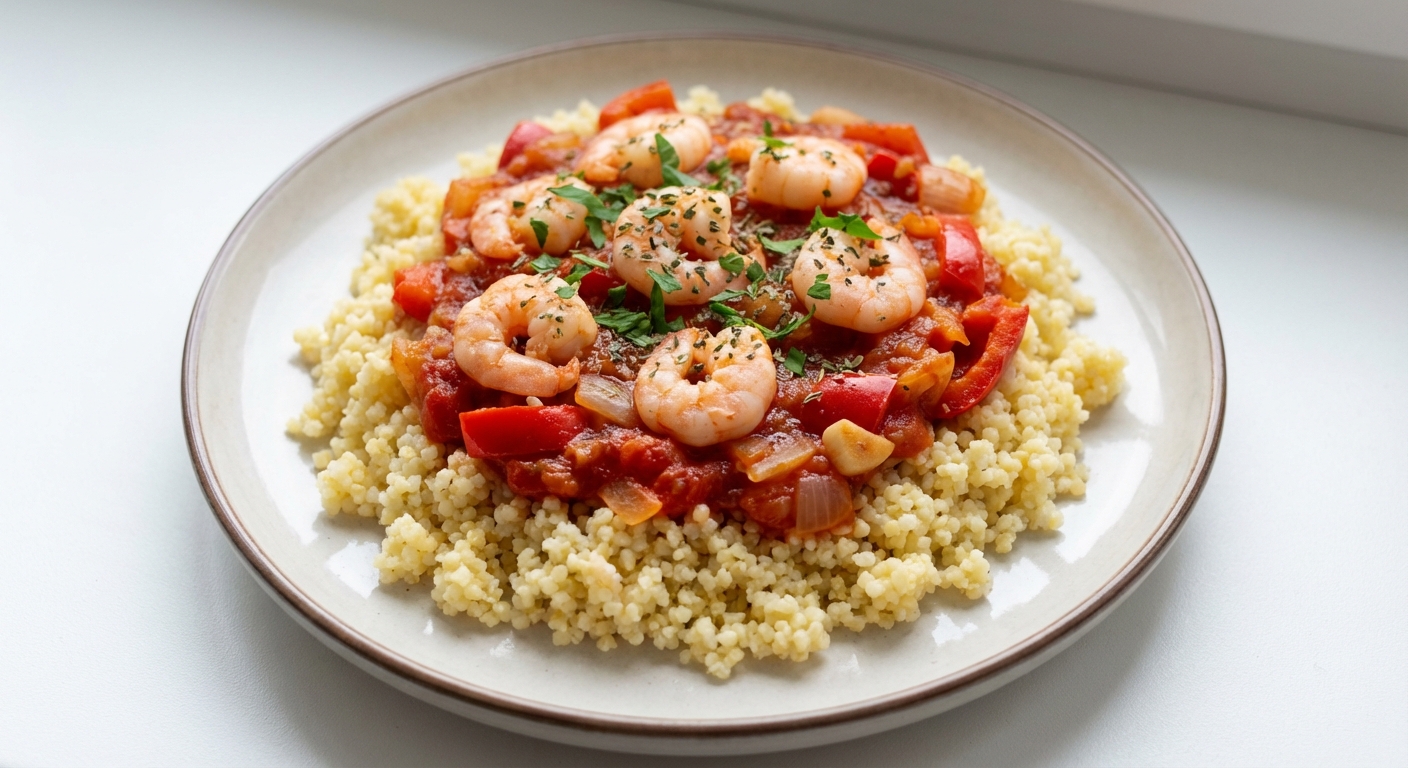 Krewetki w pomidorach z kaszą jaglaną
