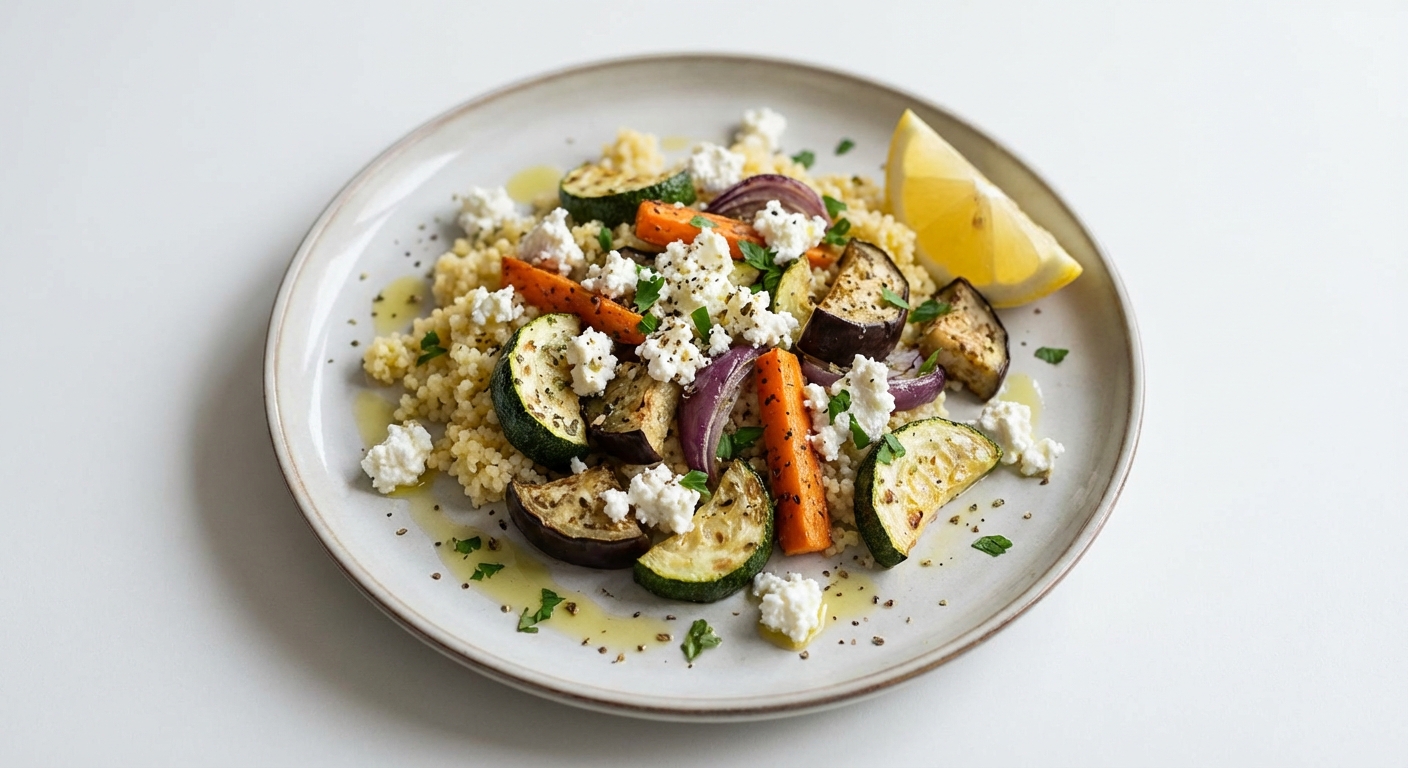 Pieczone warzywa z kaszą jaglaną i twarogiem