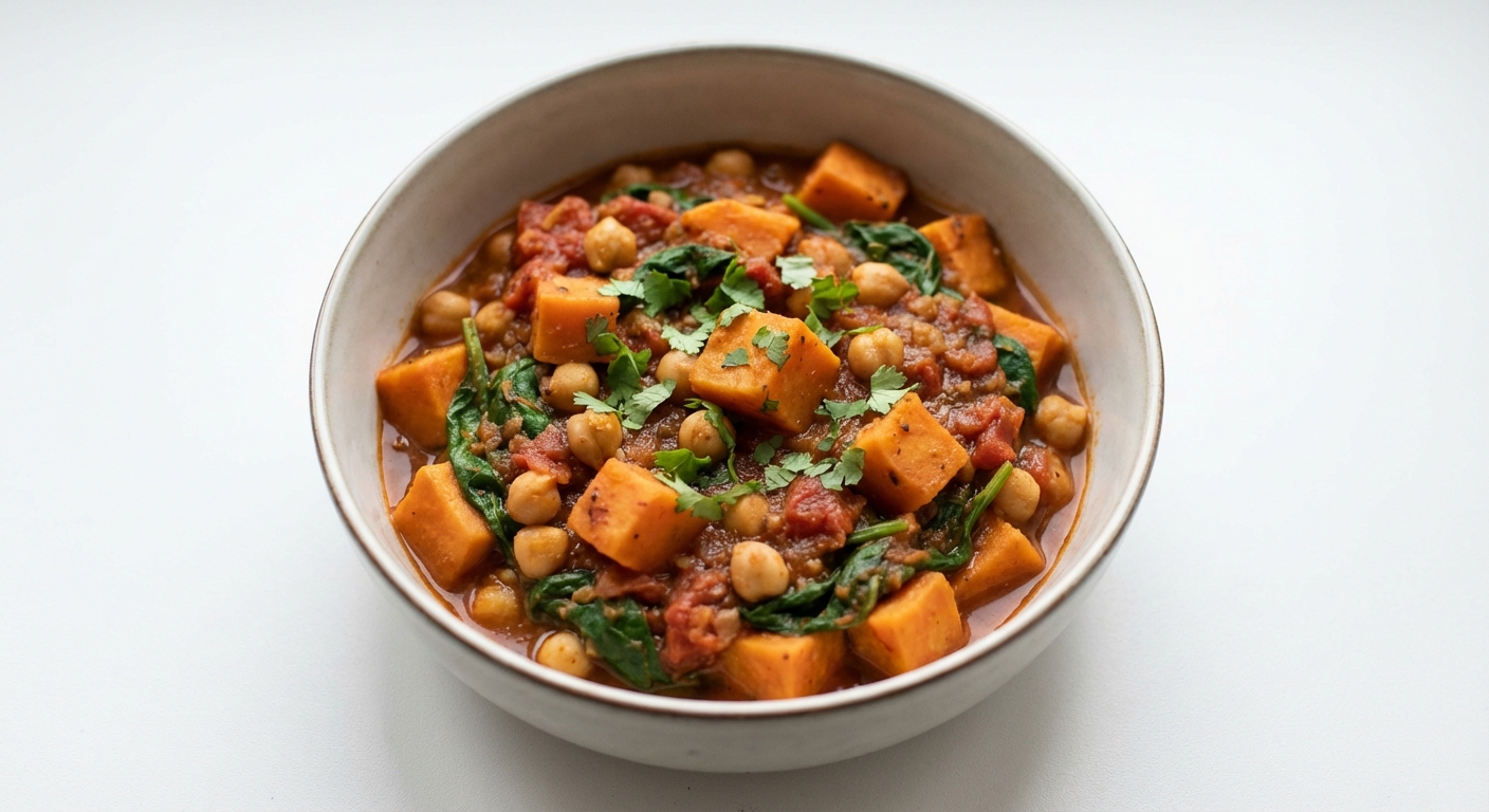 Gulasz z batatów, ciecierzycy i szpinaku