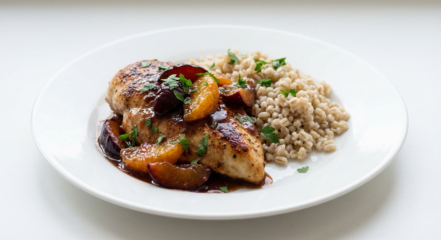 Kurczak w śliwkach, kasza, pomarańcza