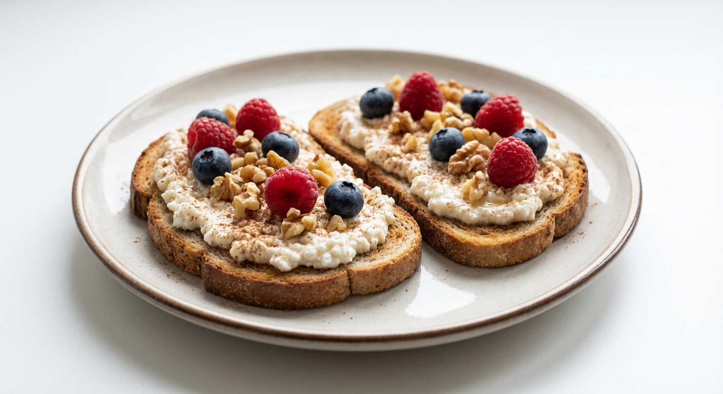 Żytnie tosty z twarogiem, miodem i owocami