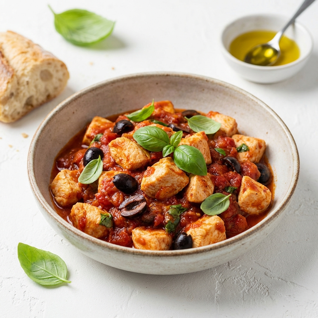 Kurczak w pomidorach z oliwkami i bazylią