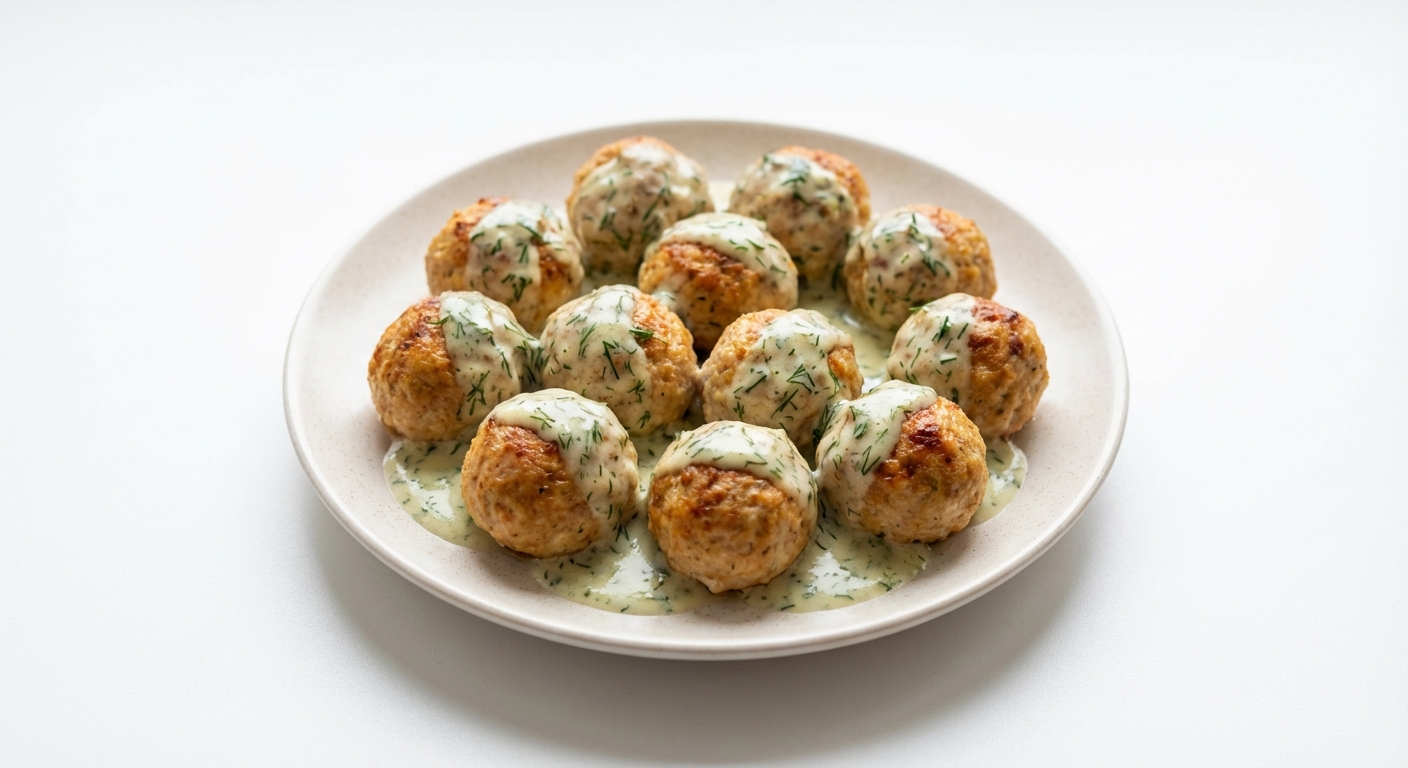 Pieczone klopsiki z indyka, sos koperkowy