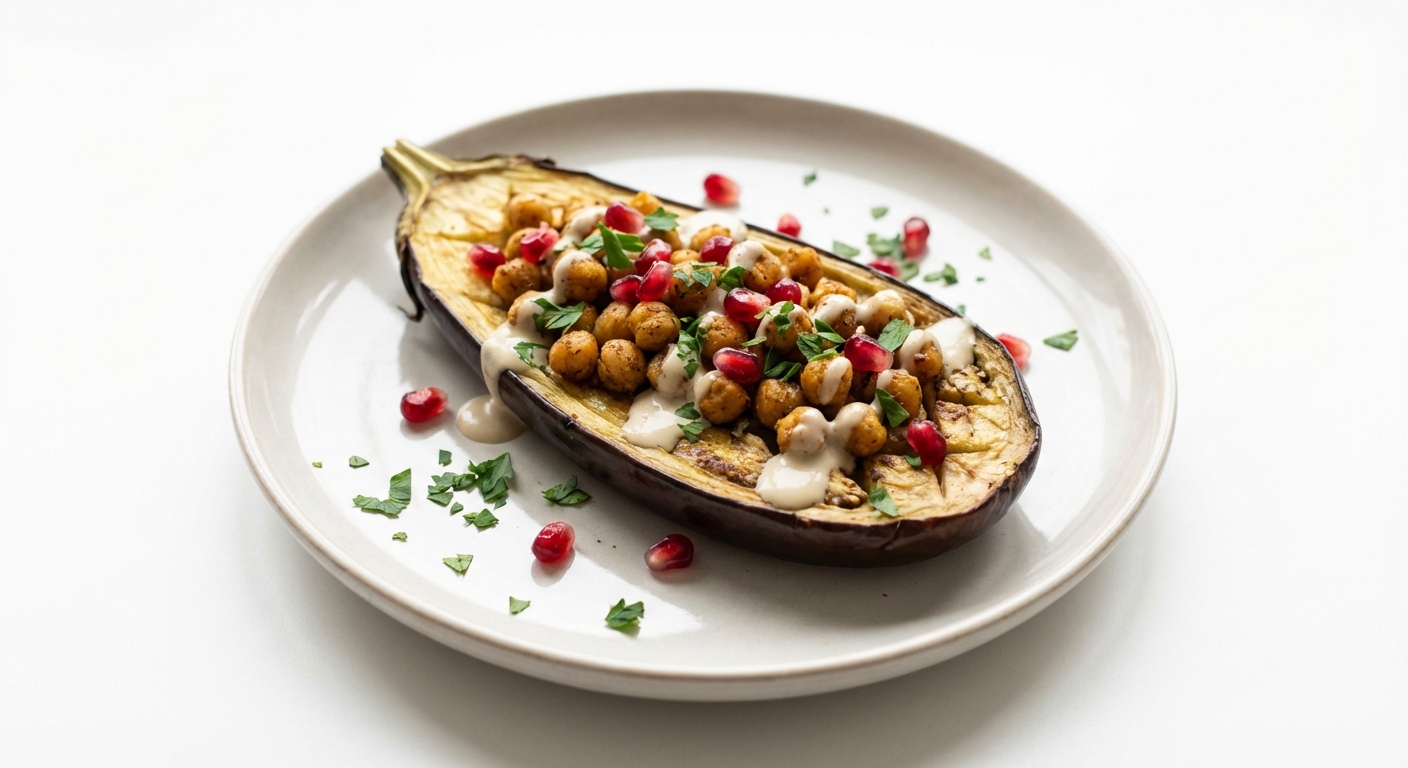 Pieczony bakłażan z ciecierzycą i granatem