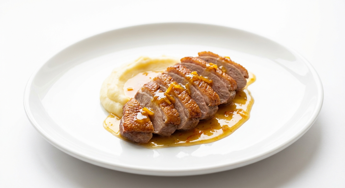 Pierś z kaczki w pomarańczach i puree