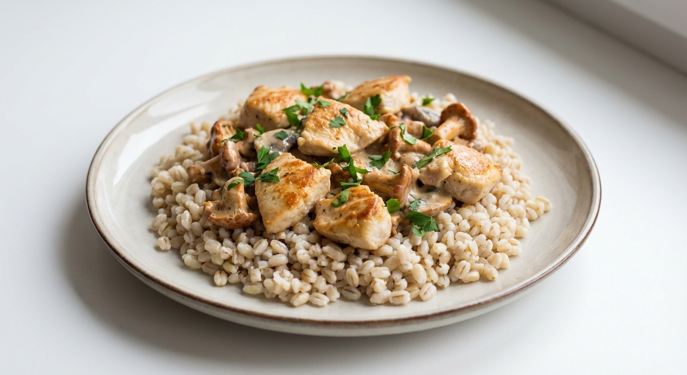 Kurczak w sosie kurkowo-pieczarkowym z kaszą