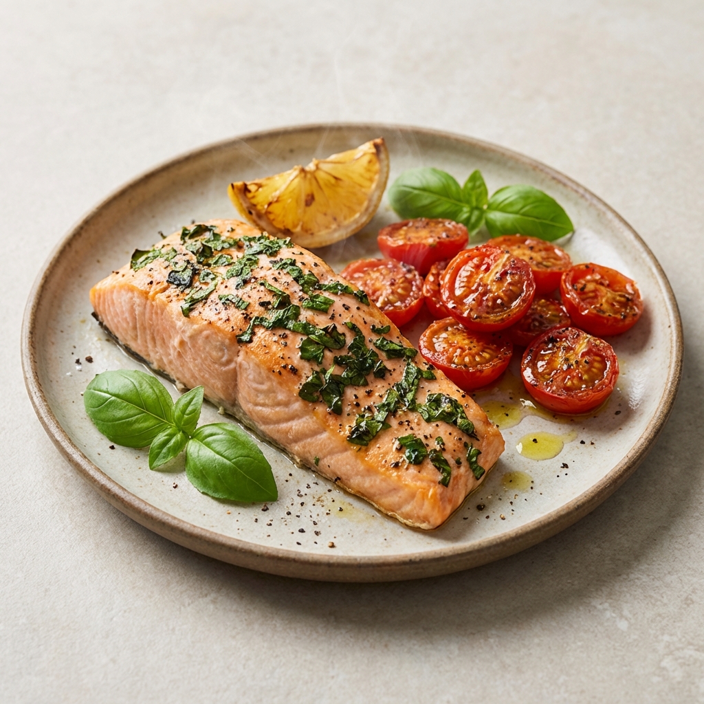 Pieczony łosoś z bazylią i pomidorami