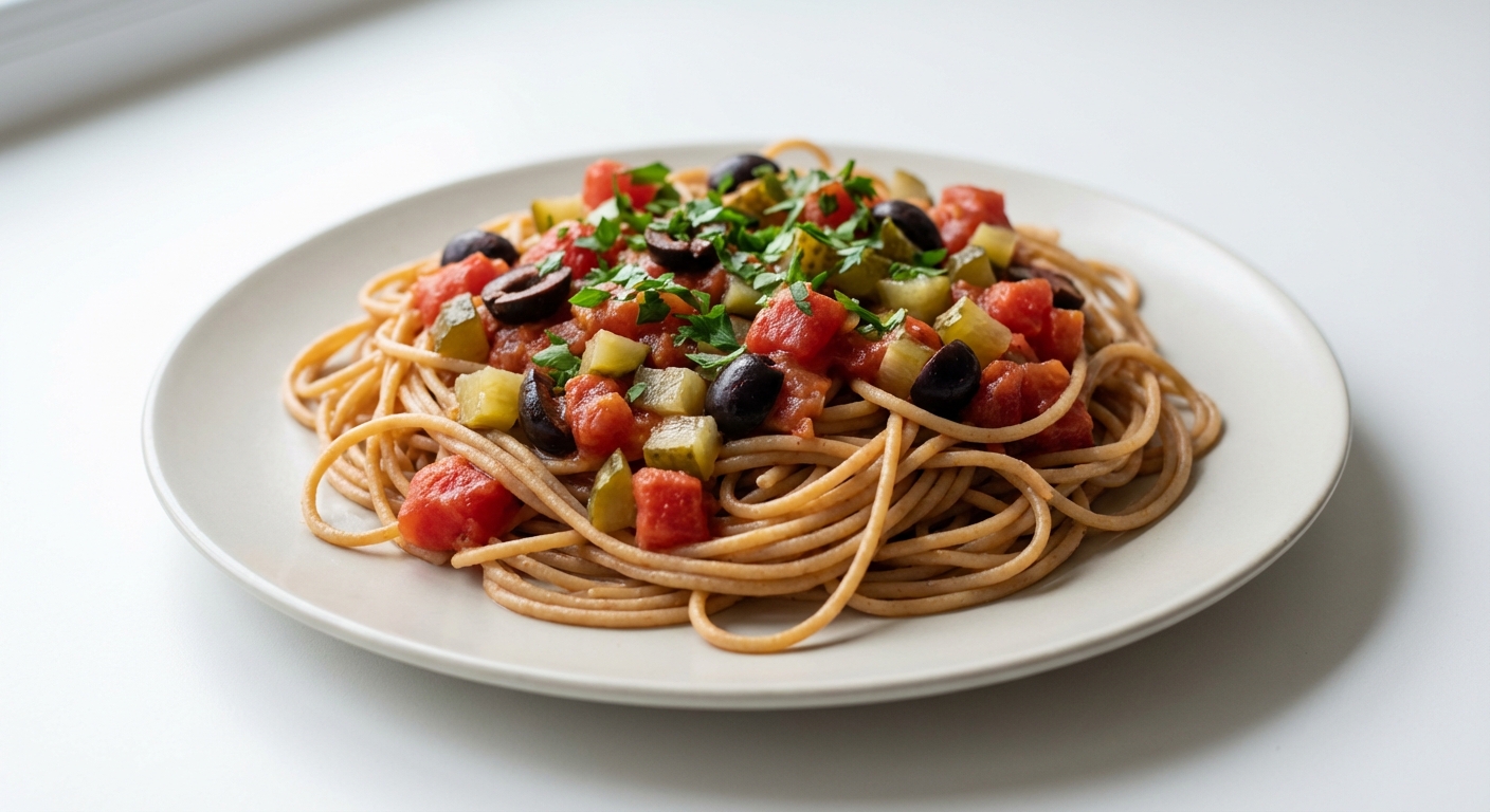 Spaghetti z Pomidorami, Ogórkiem i Oliwkami