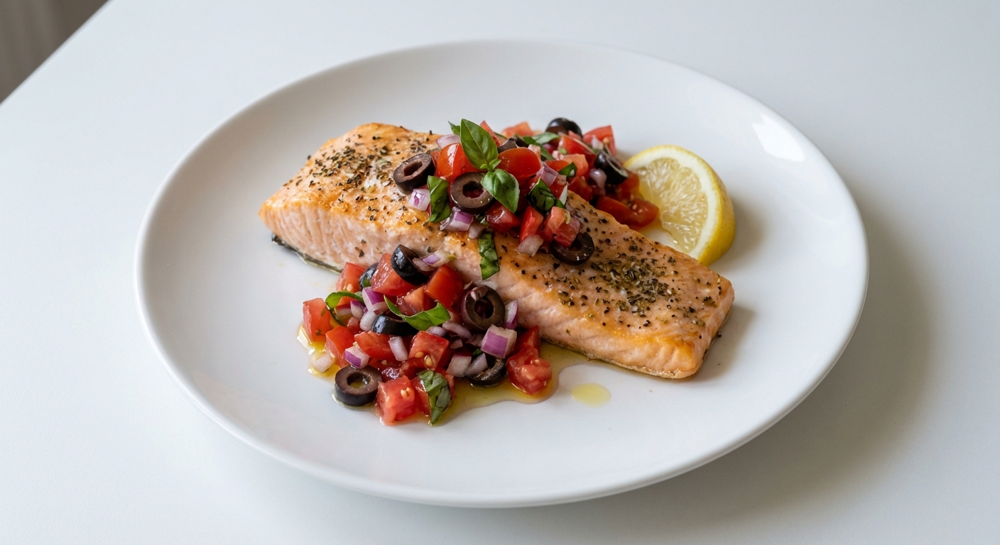 Pieczony Łosoś z Salsą Pomidorowo-Oliwkową