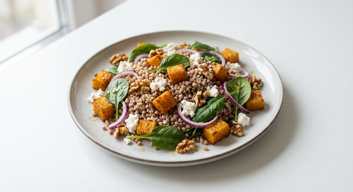 Sałatka z kaszy gryczanej, dyni i twarogu