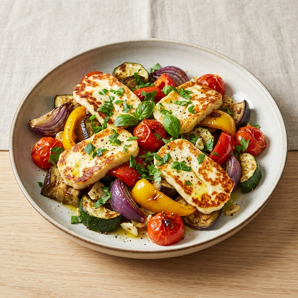Pieczone warzywa z halloumi i ziołami