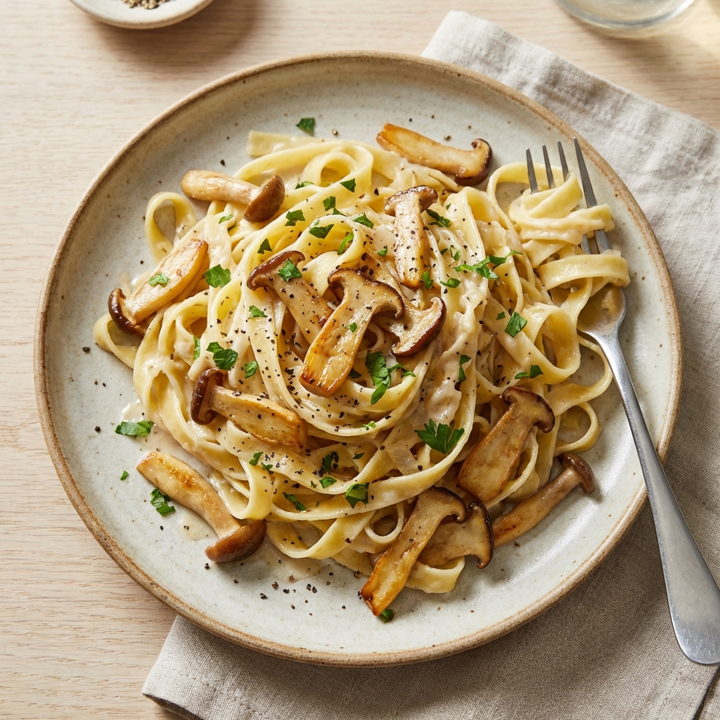 Tagliatelle z Grzybami Shimeji i Pietruszką