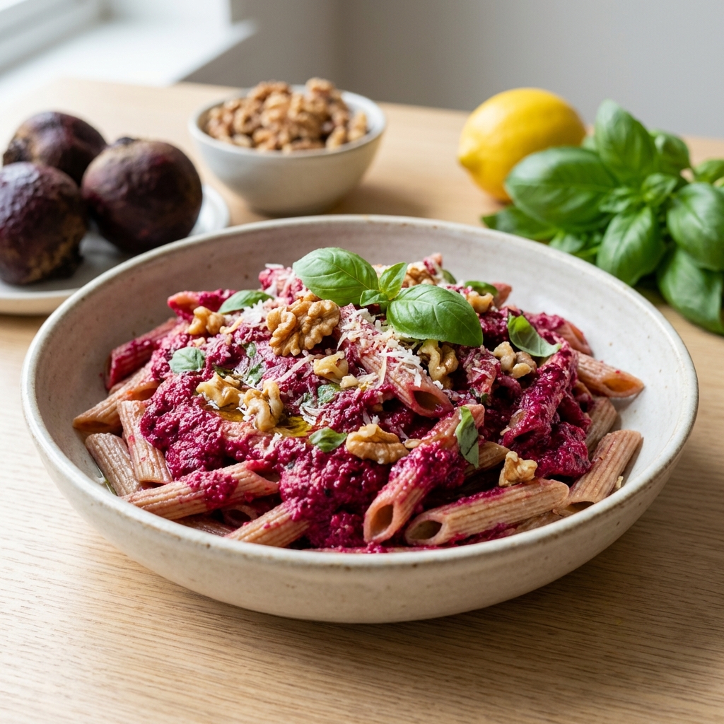 Penne z Pesto Buraczano-Orzechowym