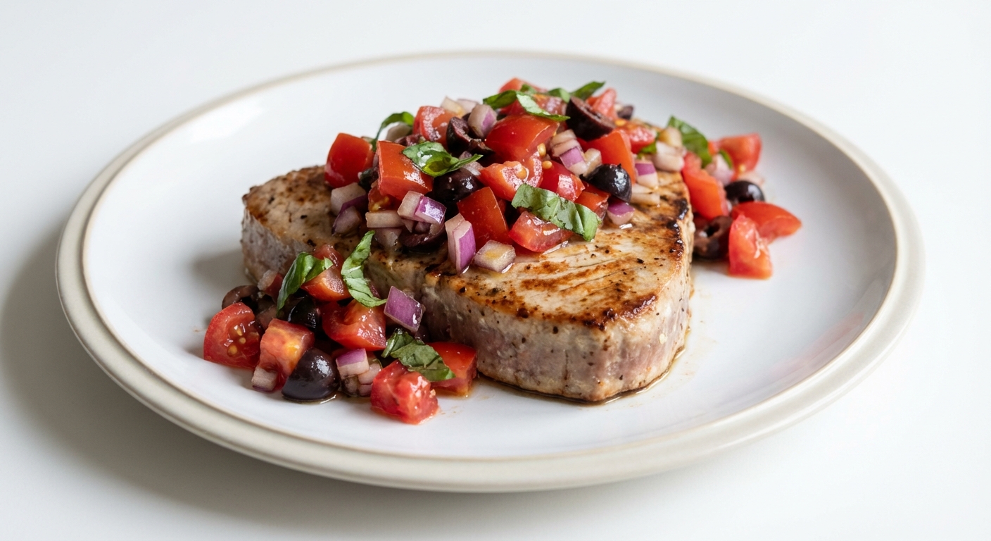 Pieczony tuńczyk z salsą pomidorowo-oliwkową