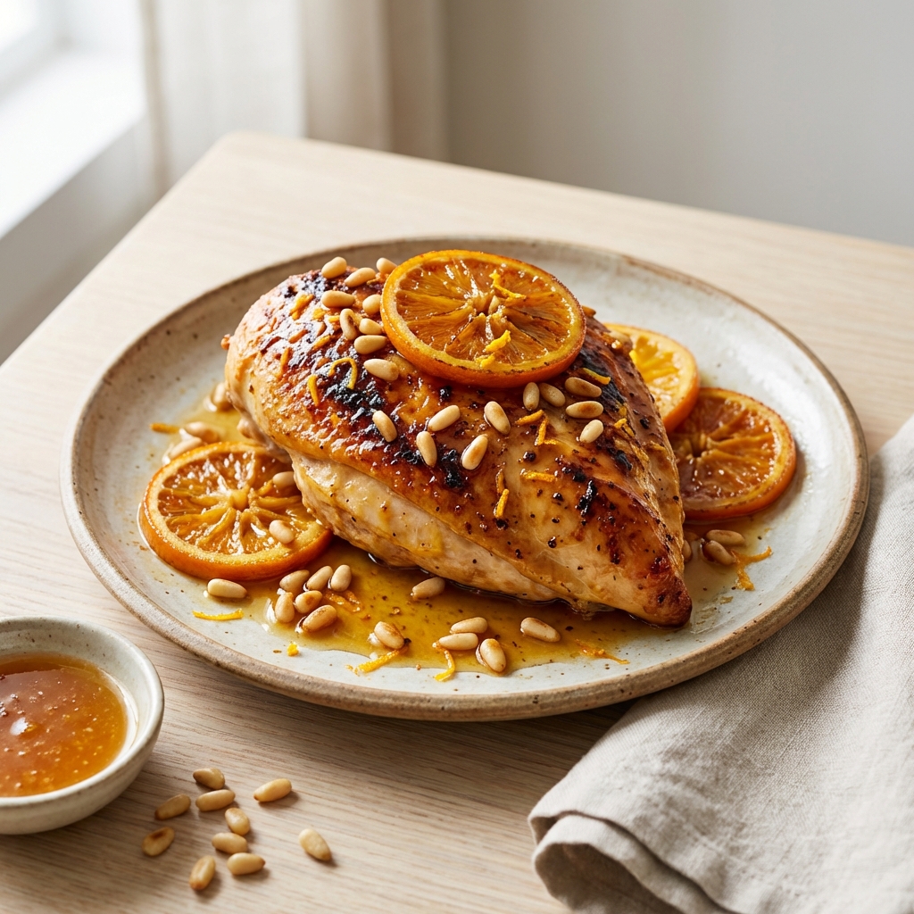 Miodowo-pomarańczowy kurczak z orzeszkami piniowymi