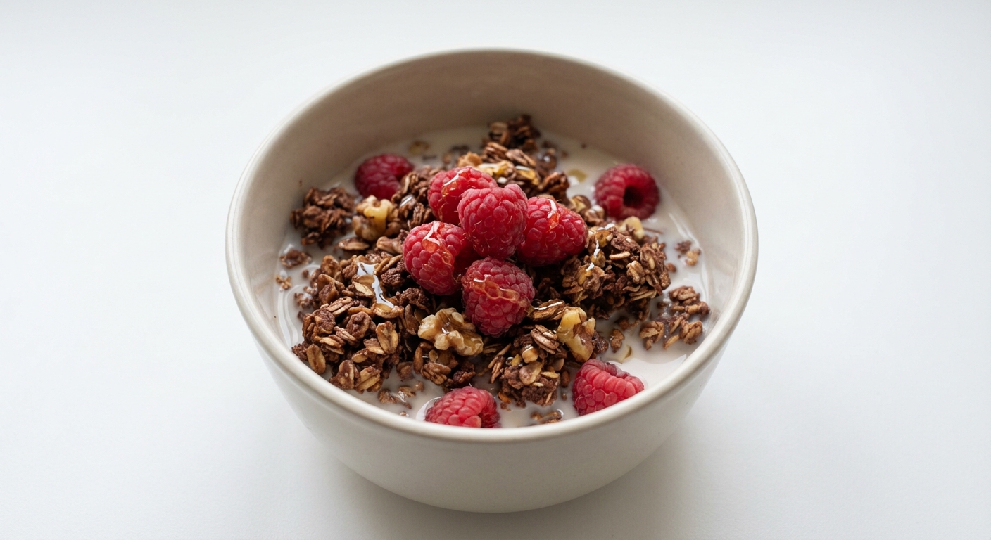 Czekoladowa granola z miodem i malinami