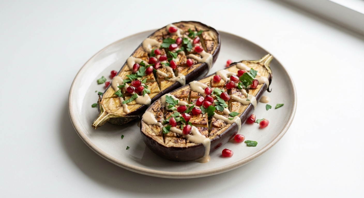 Pieczony bakłażan z tahini, granatem i pietruszką