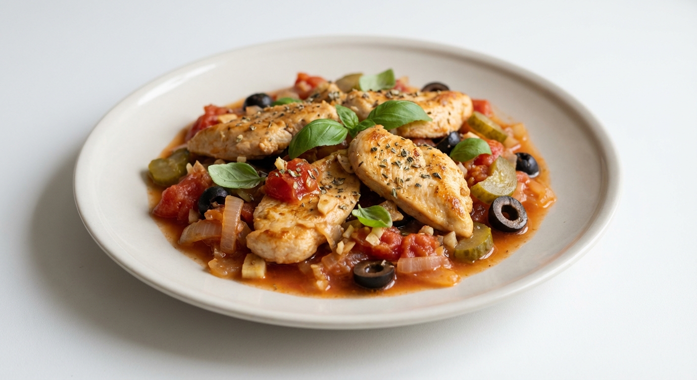 Kurczak w pomidorach z oliwkami i bazylią
