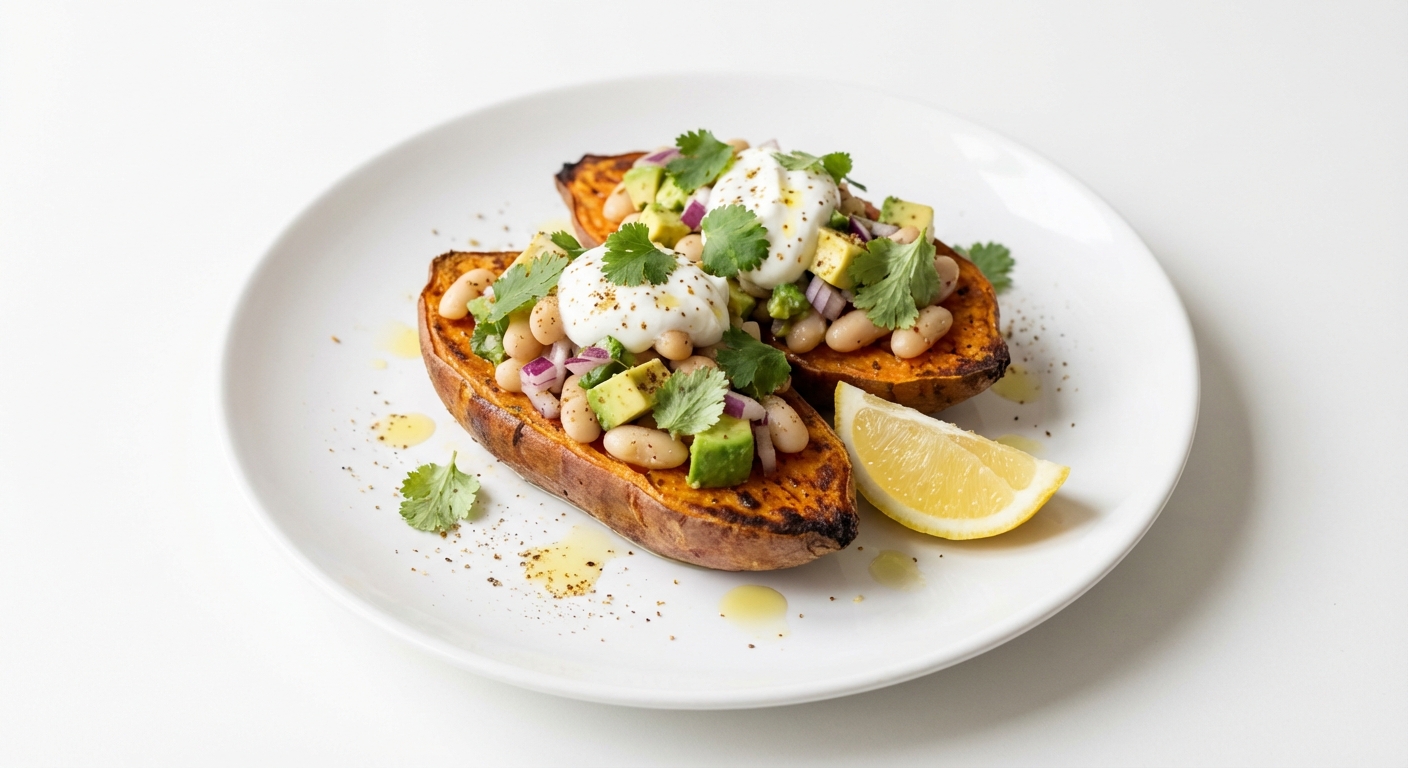 Pieczone bataty z fasolą i awokado