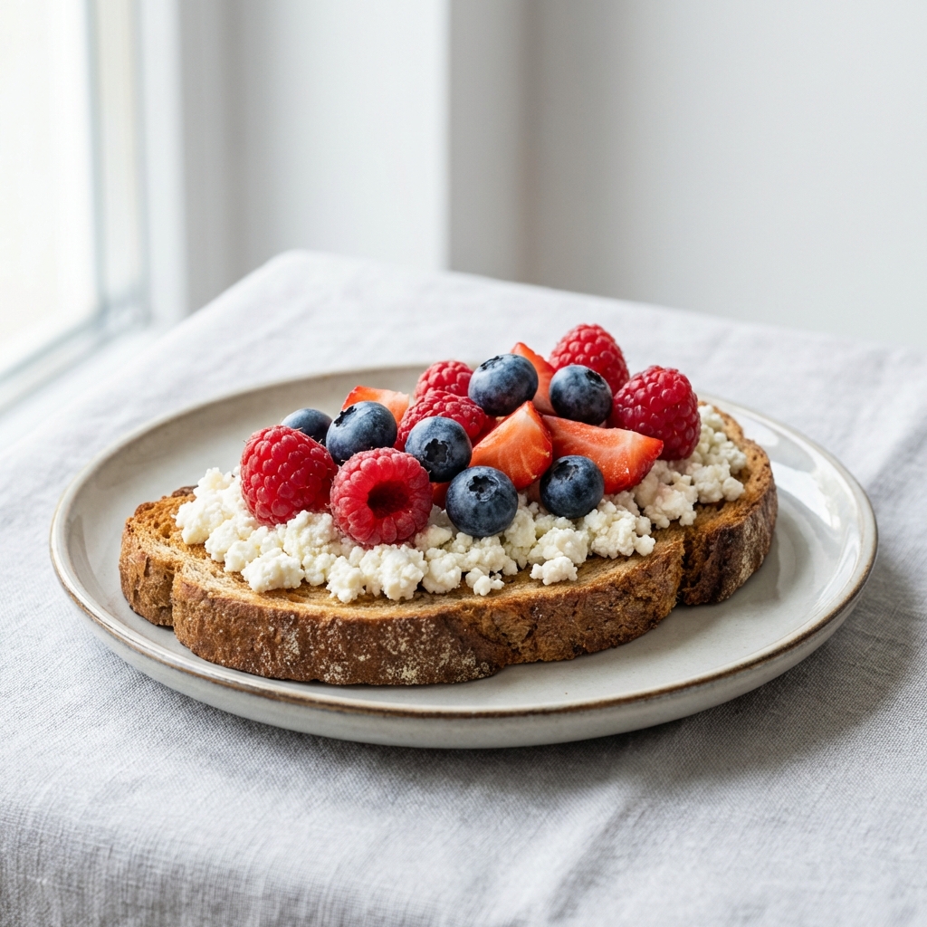 Razowy tost z twarogiem i owocami