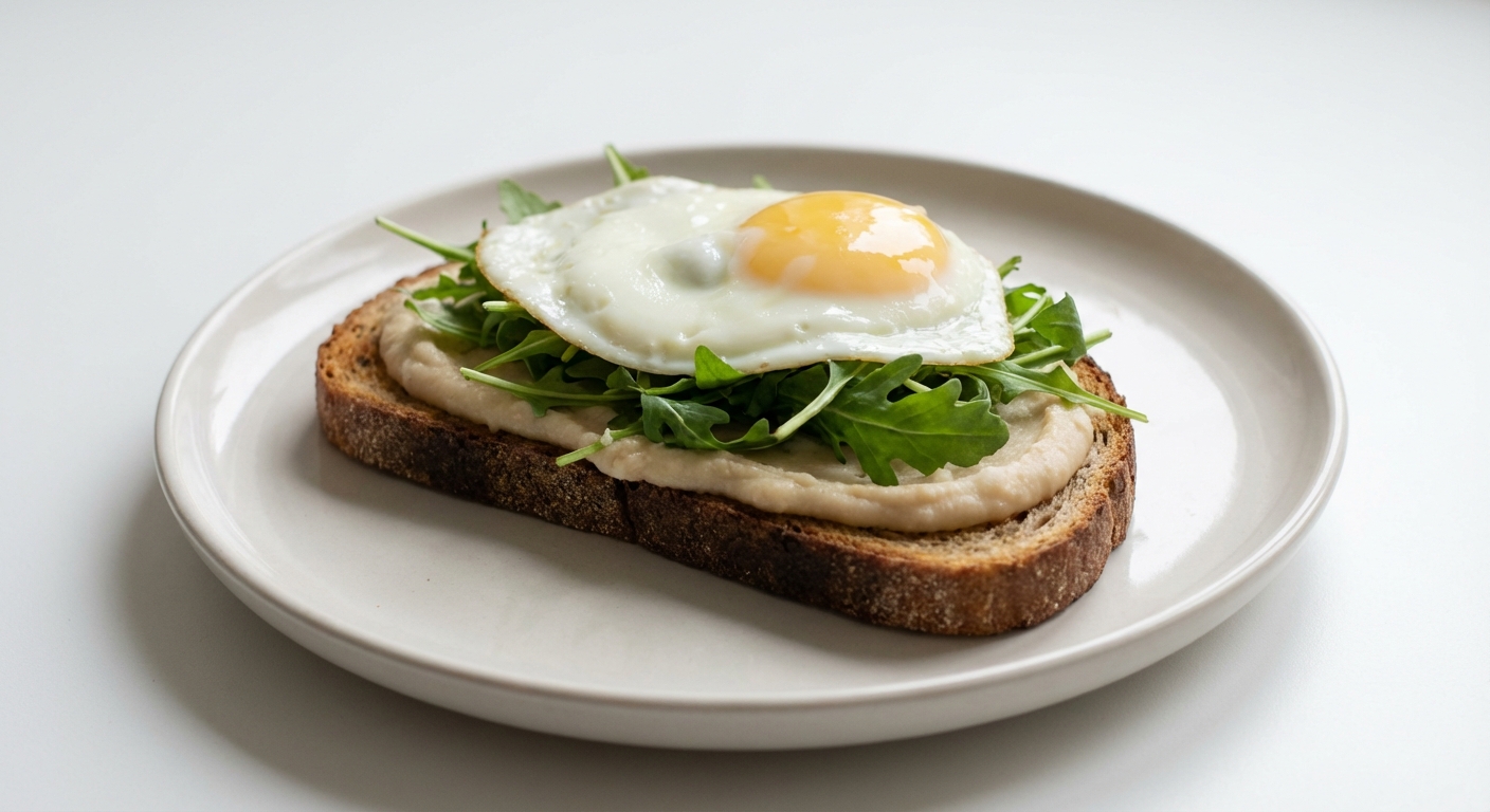 Żytni tost z fasolą, jajkiem i rukolą