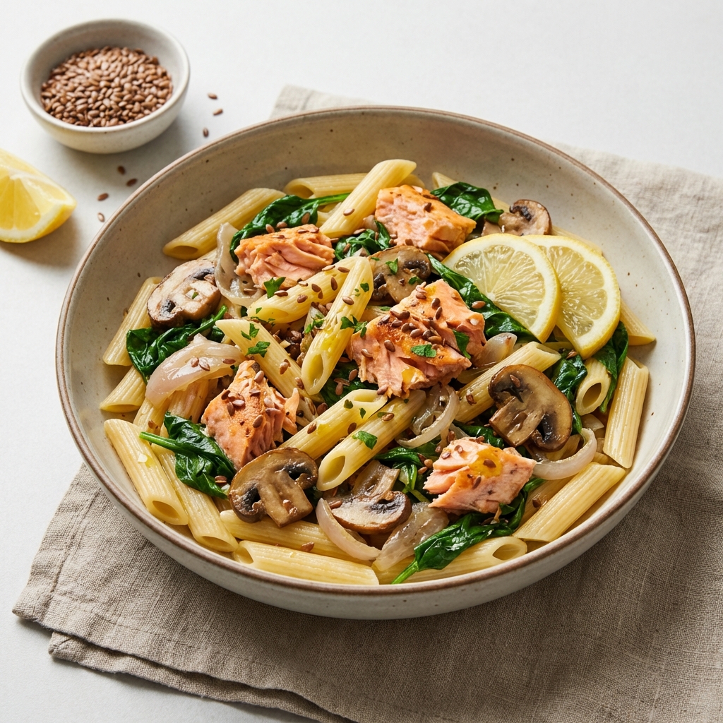 Penne z Łososiem, Szpinakiem i Cytryną
