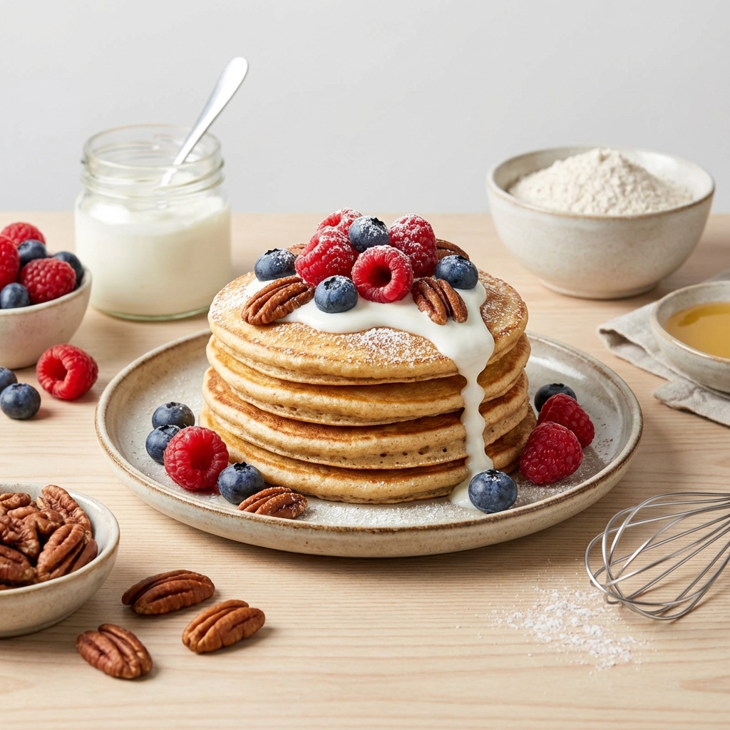 Puszyste placuszki ze skyru, owocami i orzechami