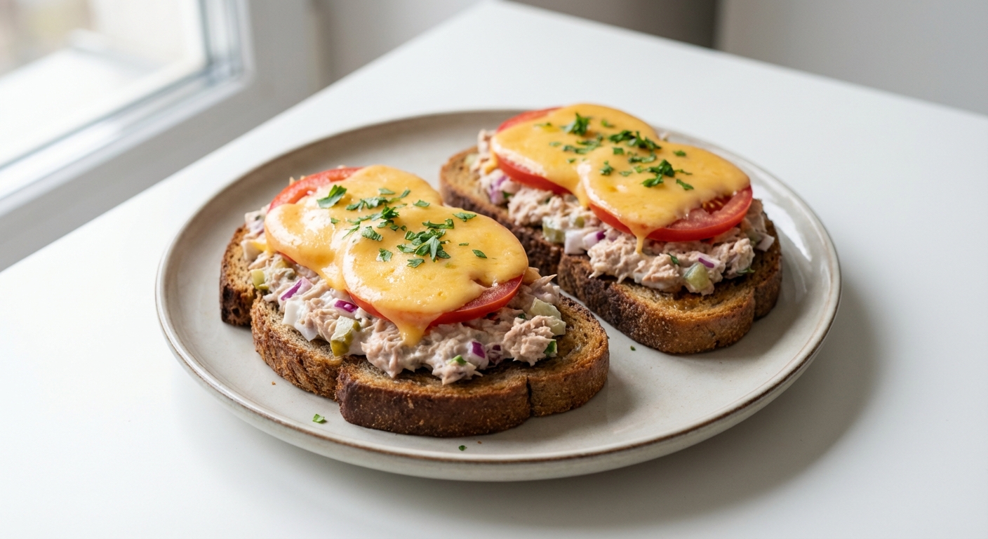 Żytnie tosty z tuńczykiem i cheddarem