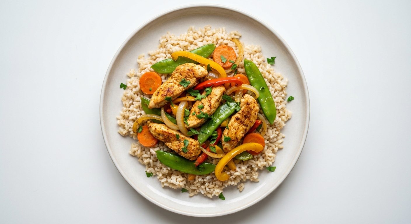 Brązowy Ryż z Kurczakiem i Warzywami