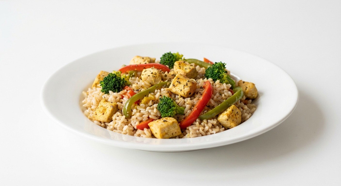 Brązowy Ryż z Kurczakiem i Warzywami