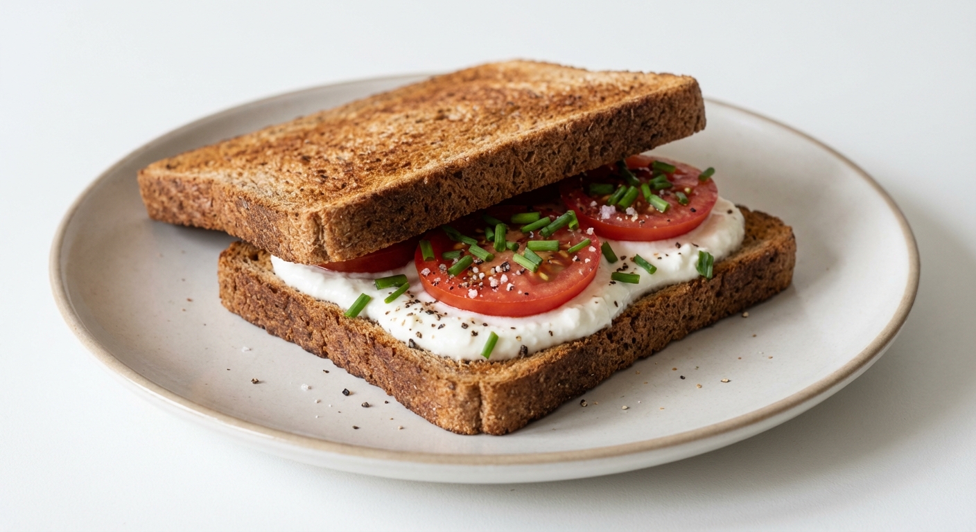 Tost razowy z twarogiem i pomidorem