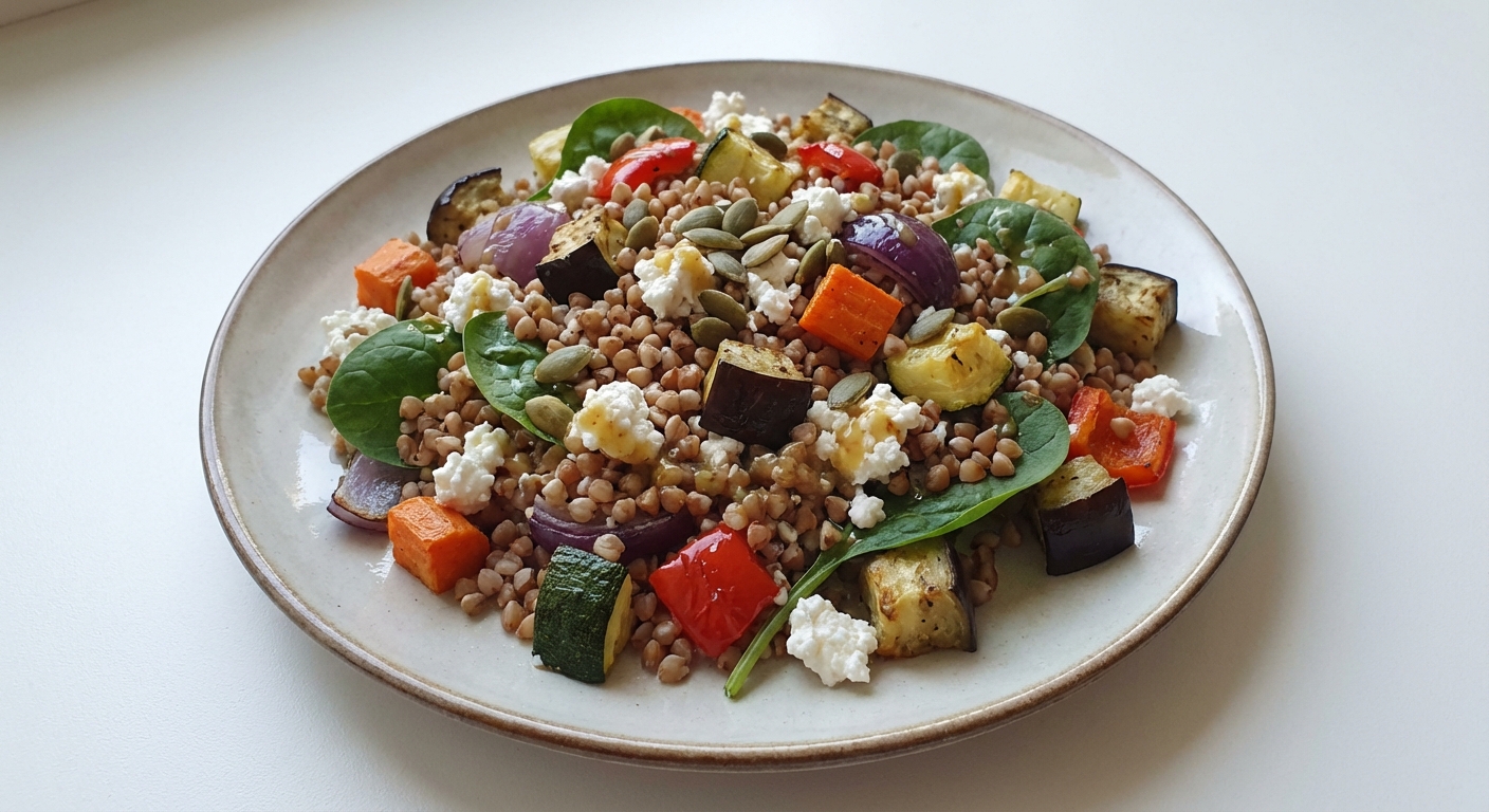 Sałatka z kaszy gryczanej, twarogu i warzyw
