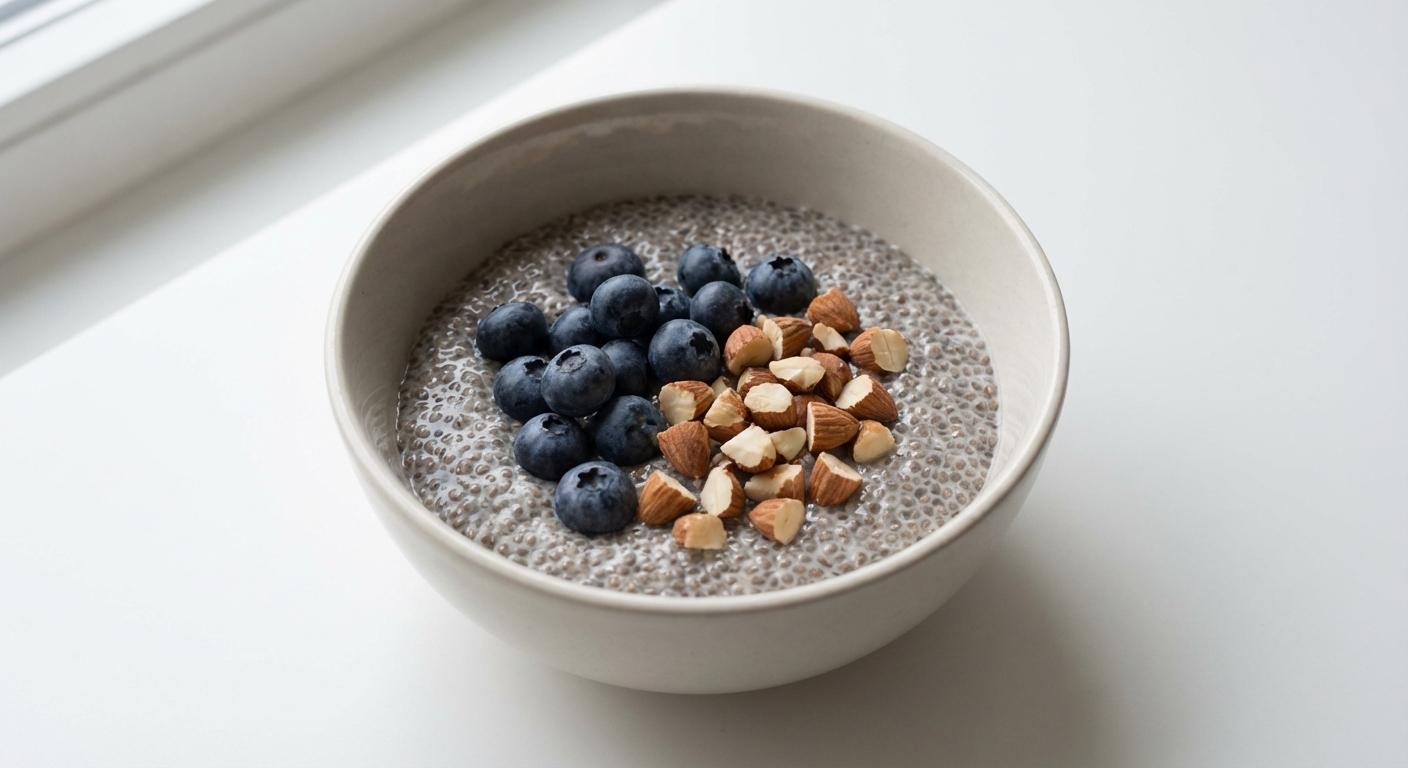 Chia Pudding z Miodem, Borówkami i Migdałami