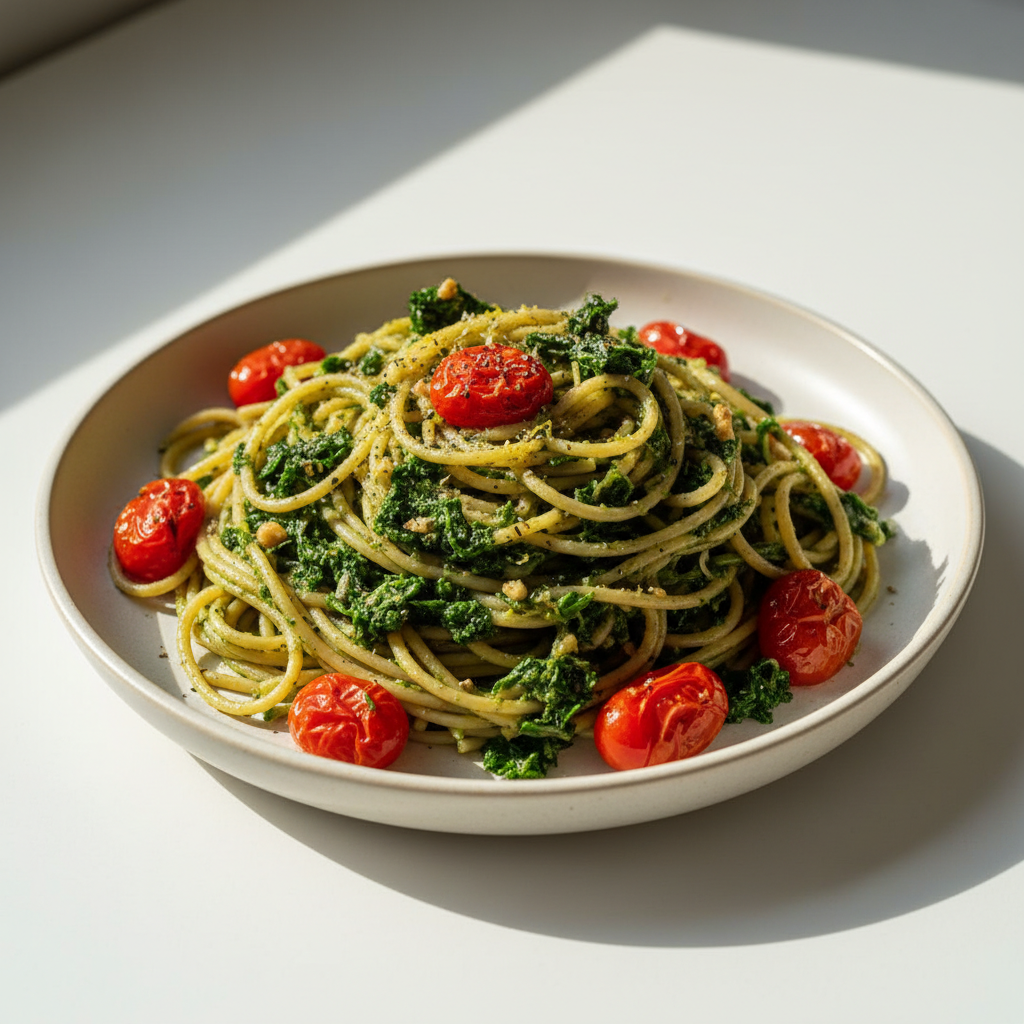 Pełnoziarniste spaghetti z pesto jarmużowym