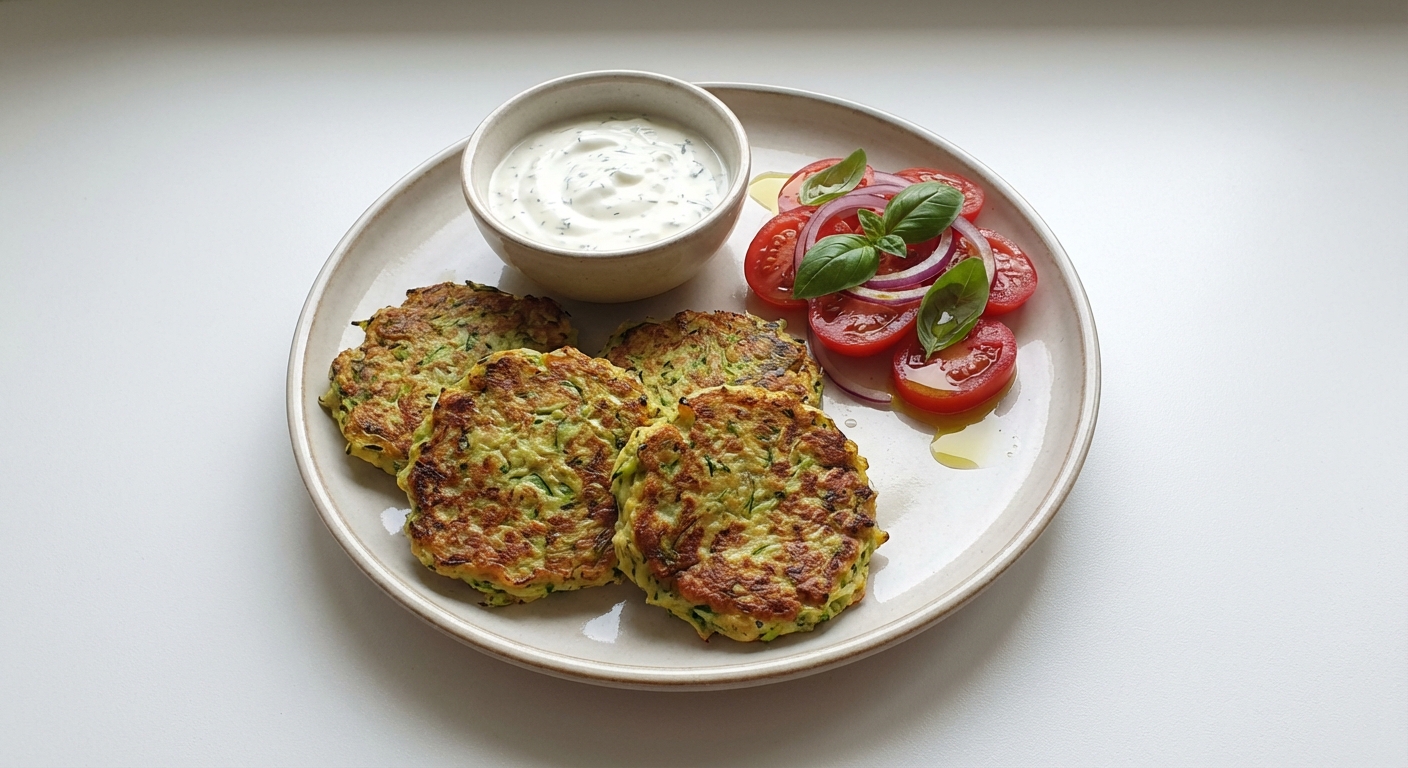 Placki z Cukinii, Dip, Sałatka