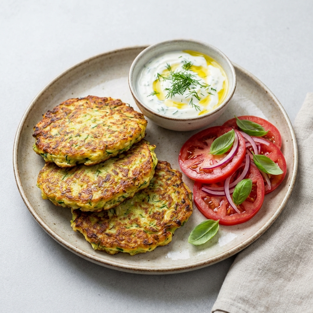 Placki z Cukinii z Dipem i Sałatką
