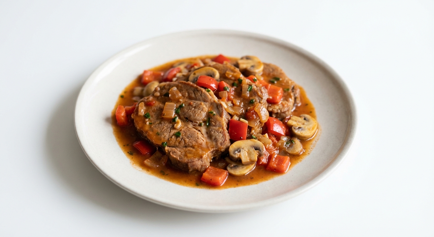 Karkówka duszona z papryką i pieczarkami