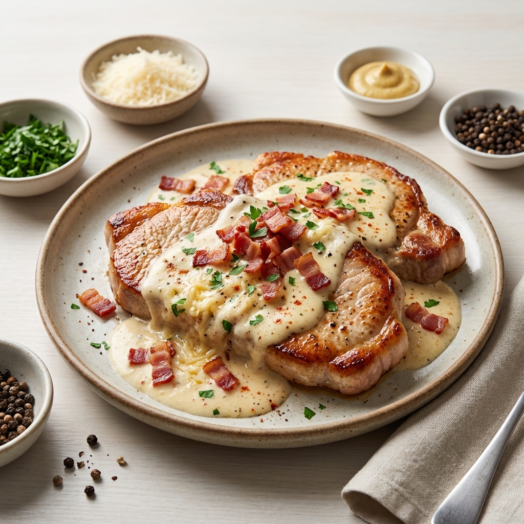 Schab w sosie śmietanowo-parmezanowym z boczkiem