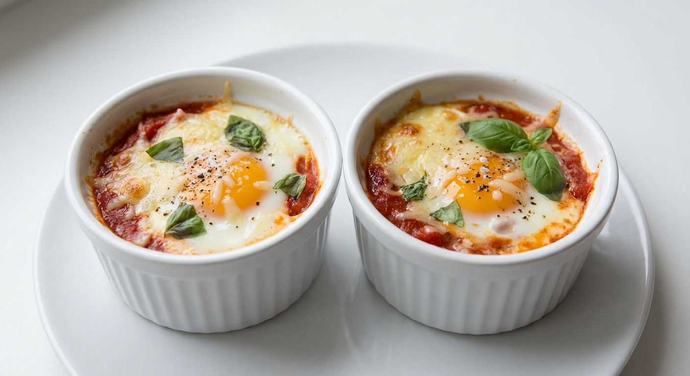 Zapiekane jajka z sosem, serem i bazylią