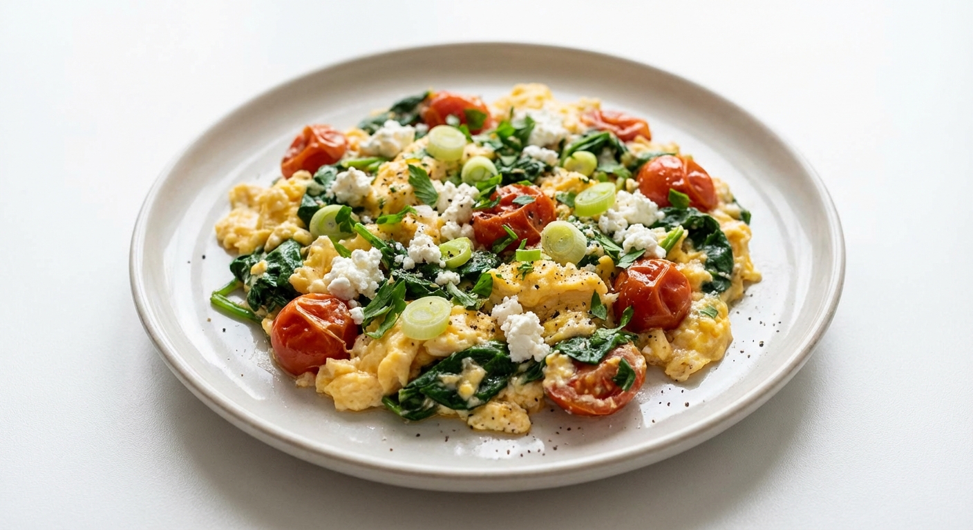 Jajecznica ze Szpinakiem, Twarogiem i Pomidorami