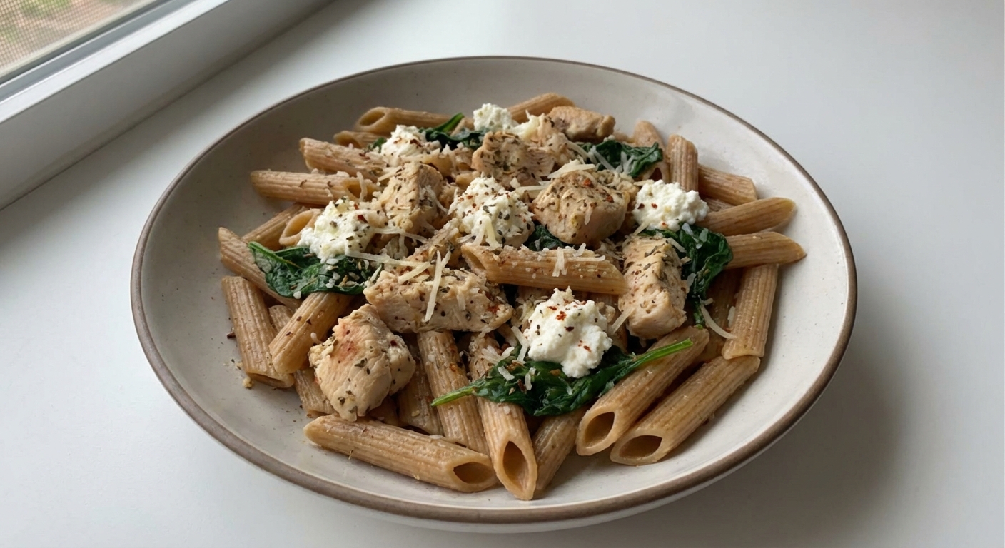 Penne z Kurczakiem, Ricottą i Szpinakiem