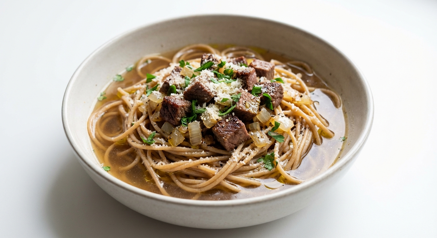 Razowe Spaghetti w Bulionie z Rostbefem